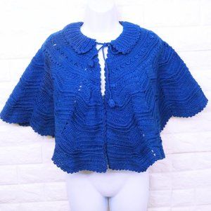 Vintage 50s-60s Handmade Crochet Knit Capelet Lacey Collar Tie-Close Royal Blue